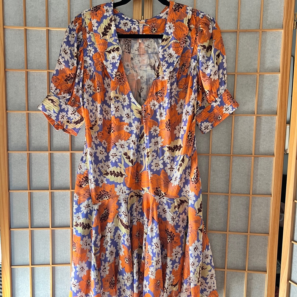 Free People Floral V-Neck Dress - Orange and Blue
